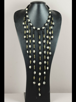 Collier koffi, perles en pâte de verre, laiton et os