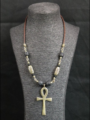 Collier croix de vie en laiton, perles en laiton et perles en cuir tressé