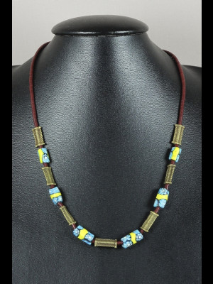 Collier perles en laiton, koffi et 6 perles millefiori anciennes